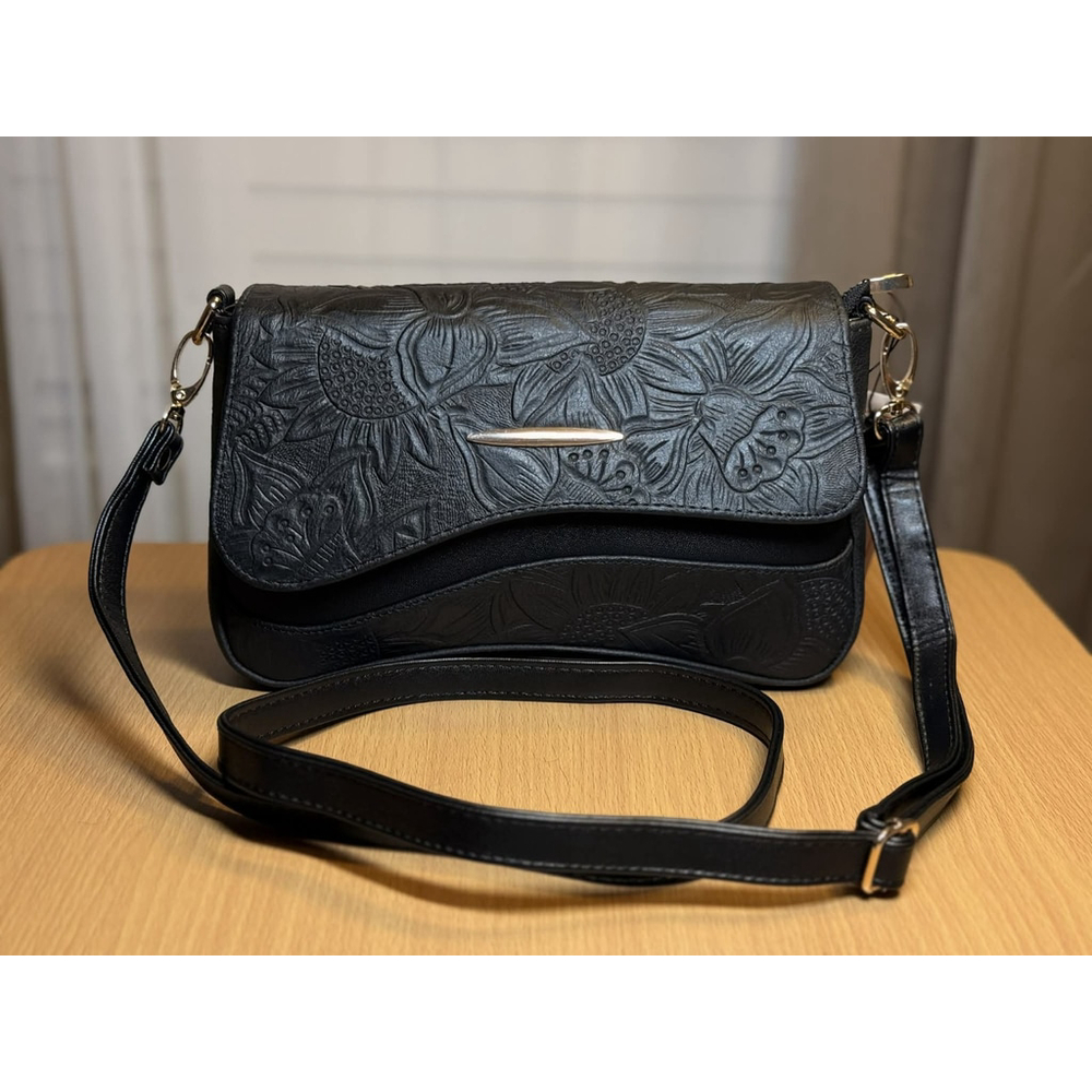 2 Straps Set Black Embossed Tooled Artisan LEATHER Shoulder Bag Crossbody Purse - Picture 9 of 15